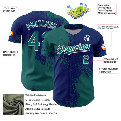 Custom Teal US Navy Blue-White 3D Pattern Design Abstract Brush Stroke Authentic Baseball Jersey