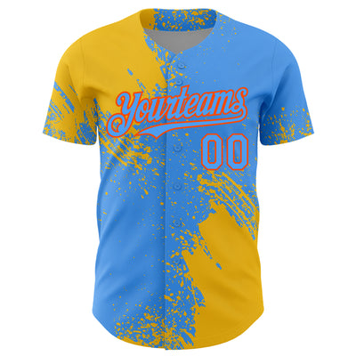 Custom Yellow Electric Blue-Orange 3D Pattern Design Abstract Brush Stroke Authentic Baseball Jersey