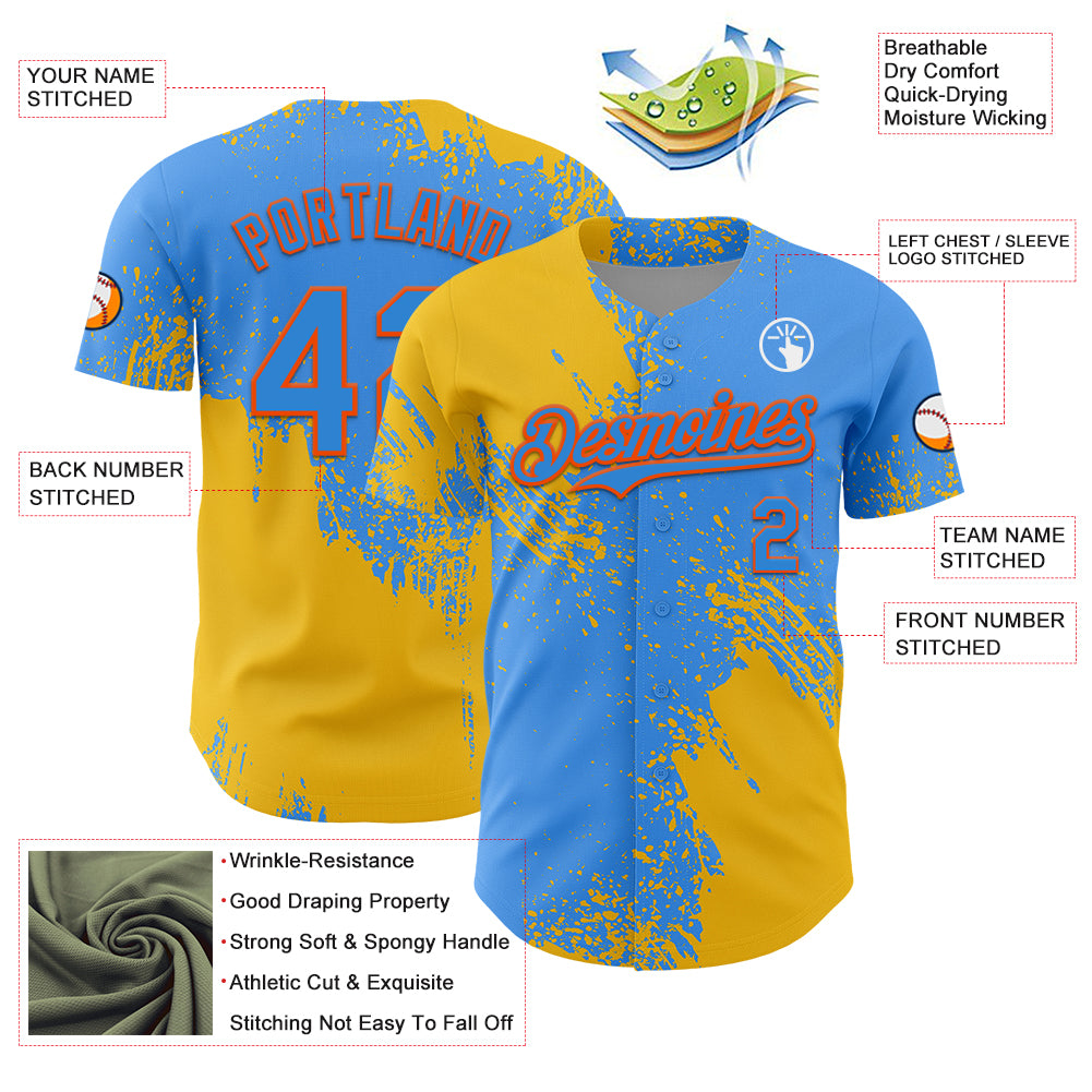 Custom Yellow Electric Blue-Orange 3D Pattern Design Abstract Brush Stroke Authentic Baseball Jersey