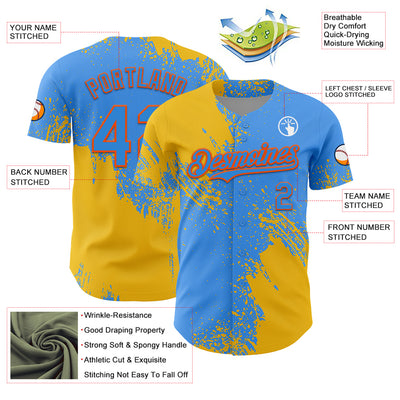 Custom Yellow Electric Blue-Orange 3D Pattern Design Abstract Brush Stroke Authentic Baseball Jersey