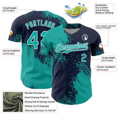 Custom Aqua Navy-White 3D Pattern Design Abstract Brush Stroke Authentic Baseball Jersey