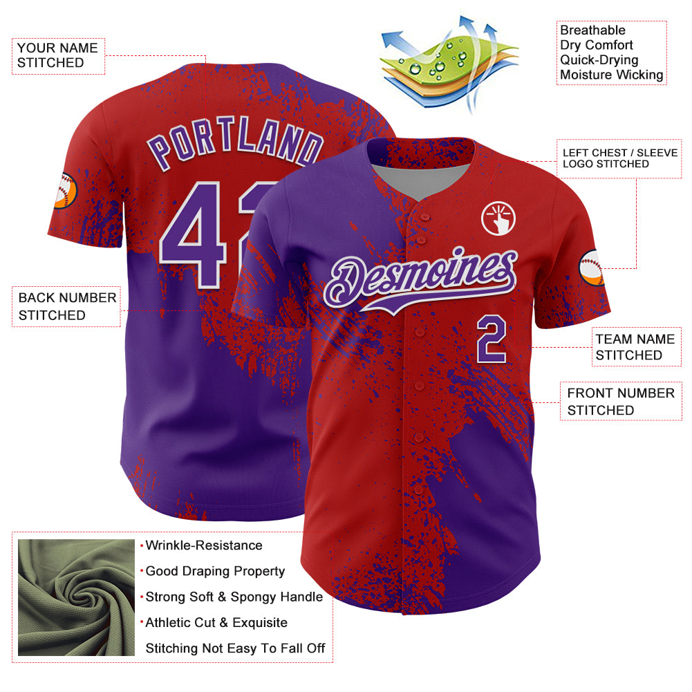 Custom Purple Red-White 3D Pattern Design Abstract Brush Stroke Authentic Baseball Jersey