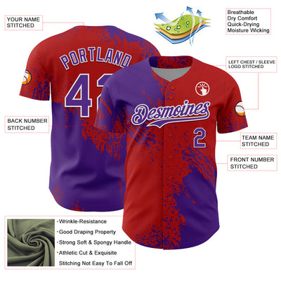 Custom Purple Red-White 3D Pattern Design Abstract Brush Stroke Authentic Baseball Jersey