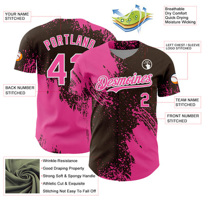 Custom Pink Brown-White 3D Pattern Design Abstract Brush Stroke Authentic Baseball Jersey
