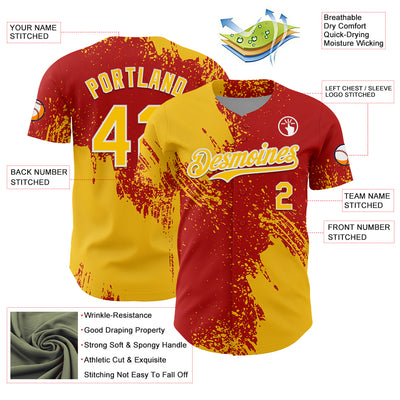 Custom Yellow Red-White 3D Pattern Design Abstract Brush Stroke Authentic Baseball Jersey