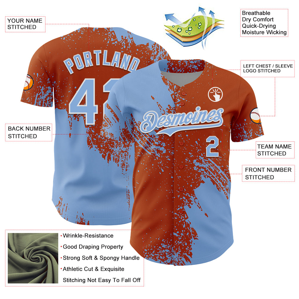 Custom Light Blue Texas Orange-White 3D Pattern Design Abstract Brush Stroke Authentic Baseball Jersey