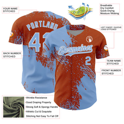 Custom Light Blue Texas Orange-White 3D Pattern Design Abstract Brush Stroke Authentic Baseball Jersey