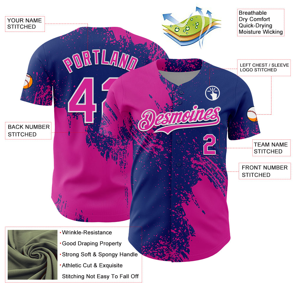 Custom Deep Pink Royal-White 3D Pattern Design Abstract Brush Stroke Authentic Baseball Jersey