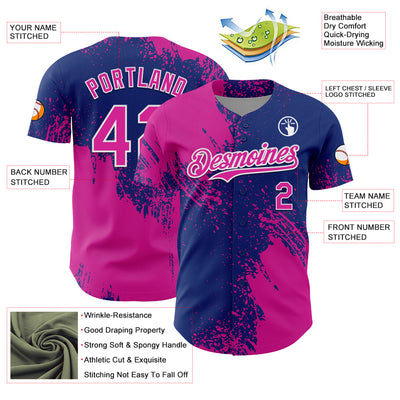 Custom Deep Pink Royal-White 3D Pattern Design Abstract Brush Stroke Authentic Baseball Jersey