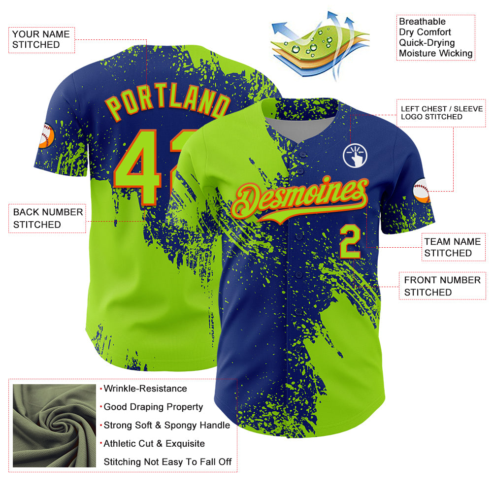 Custom Neon Green Royal-Orange 3D Pattern Design Abstract Brush Stroke Authentic Baseball Jersey