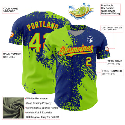 Custom Neon Green Royal-Orange 3D Pattern Design Abstract Brush Stroke Authentic Baseball Jersey