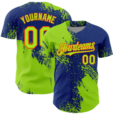 Custom Neon Green Royal-Orange 3D Pattern Design Abstract Brush Stroke Authentic Baseball Jersey