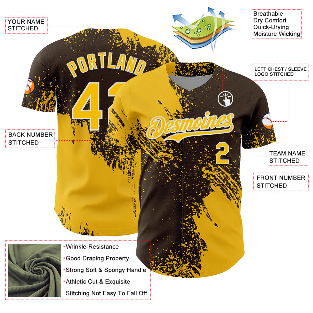 Custom Yellow Brown-White 3D Pattern Design Abstract Brush Stroke Authentic Baseball Jersey