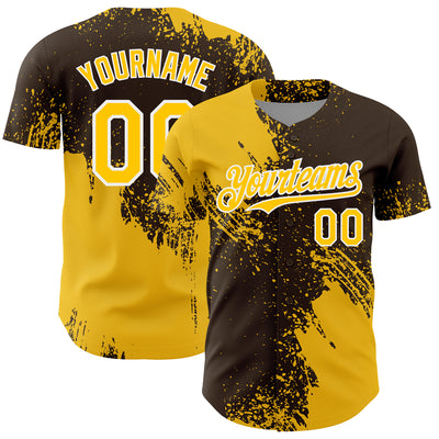 Custom Yellow Brown-White 3D Pattern Design Abstract Brush Stroke Authentic Baseball Jersey