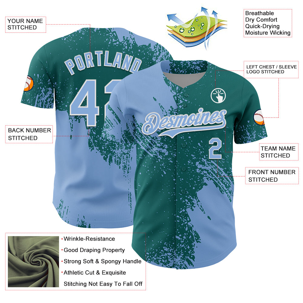 Custom Light Blue Teal-White 3D Pattern Design Abstract Brush Stroke Authentic Baseball Jersey