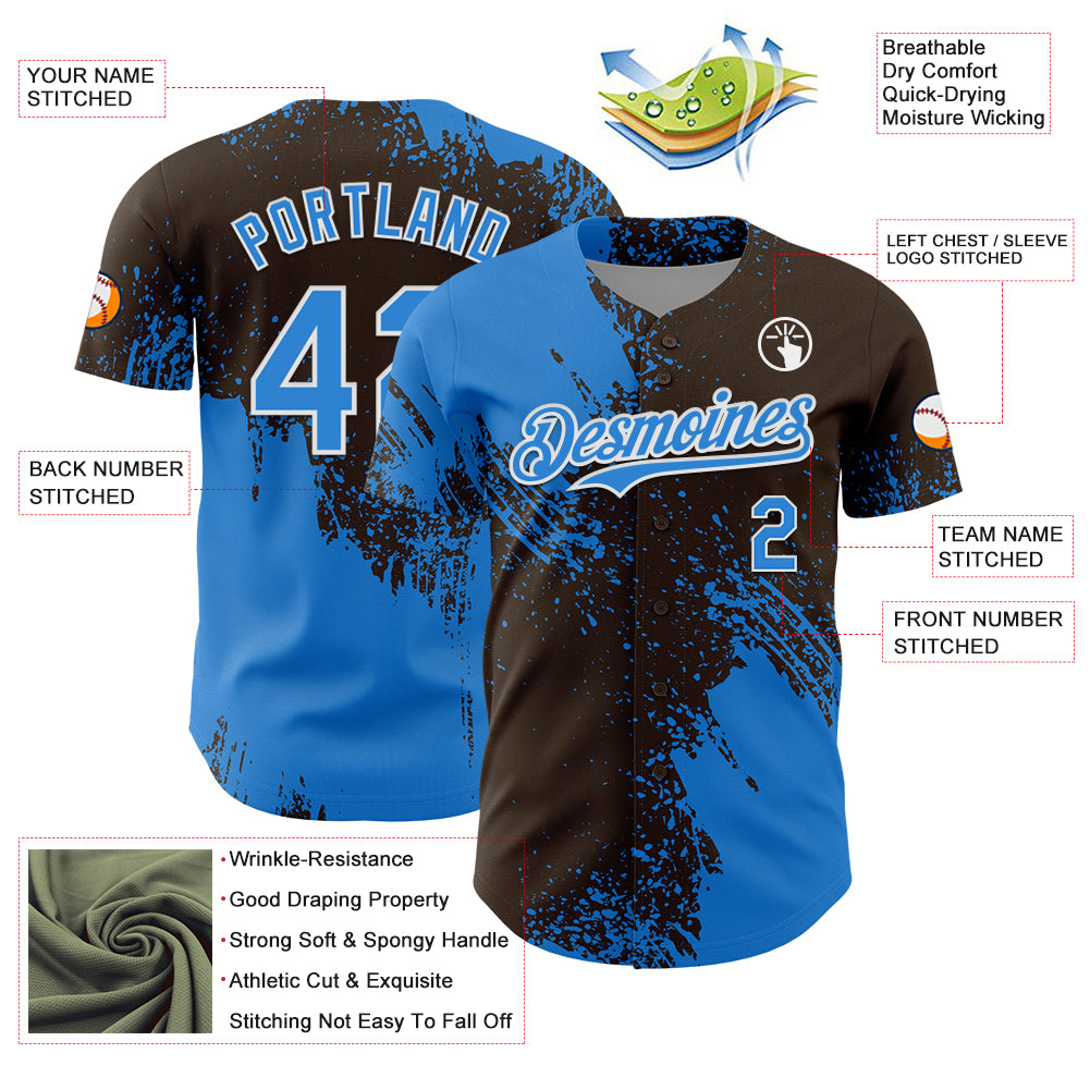 Custom Electric Blue Brown-White 3D Pattern Design Abstract Brush Stroke Authentic Baseball Jersey