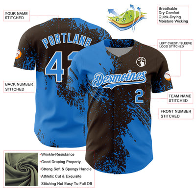 Custom Electric Blue Brown-White 3D Pattern Design Abstract Brush Stroke Authentic Baseball Jersey