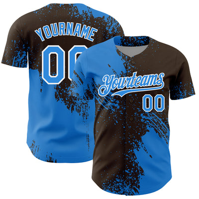 Custom Electric Blue Brown-White 3D Pattern Design Abstract Brush Stroke Authentic Baseball Jersey