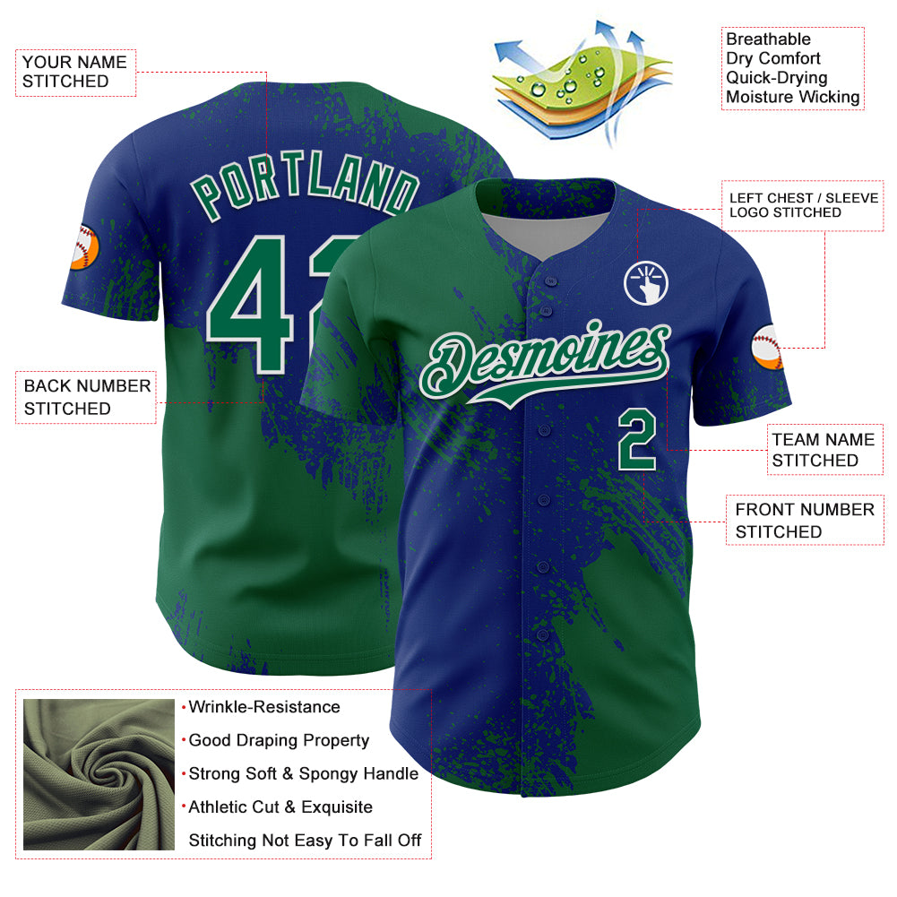 Custom Kelly Green Royal-White 3D Pattern Design Abstract Brush Stroke Authentic Baseball Jersey