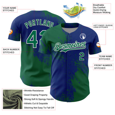 Custom Kelly Green Royal-White 3D Pattern Design Abstract Brush Stroke Authentic Baseball Jersey