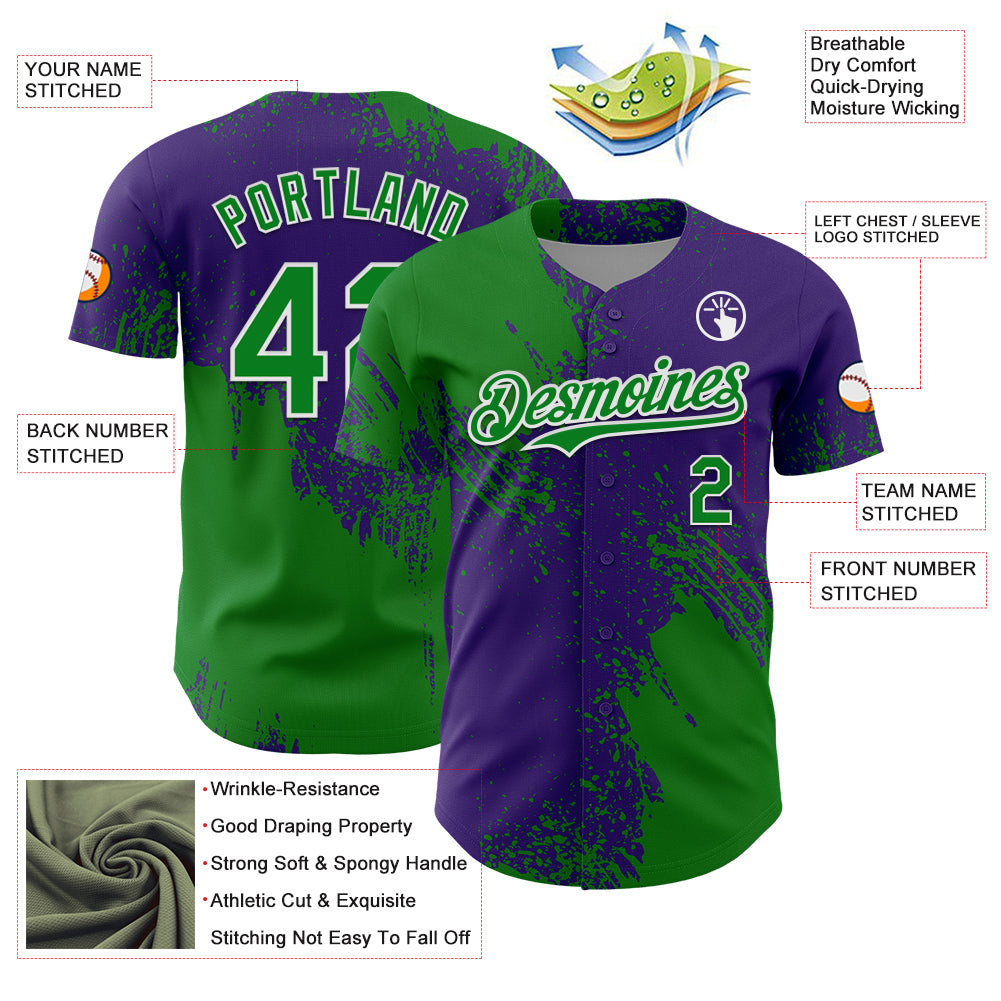 Custom Grass Green Purple-White 3D Pattern Design Abstract Brush Stroke Authentic Baseball Jersey