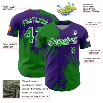 Custom Grass Green Purple-White 3D Pattern Design Abstract Brush Stroke Authentic Baseball Jersey