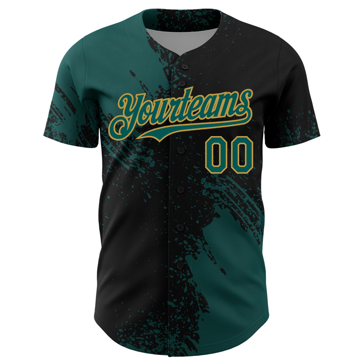 Custom Midnight Green Black-Old Gold 3D Pattern Design Abstract Brush Stroke Authentic Baseball Jersey