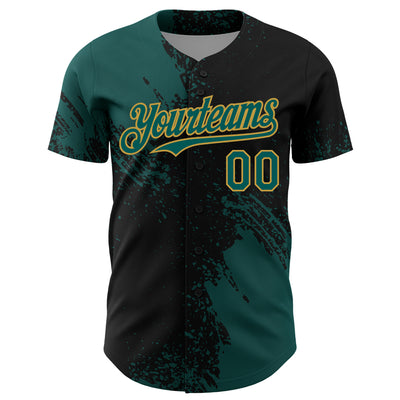 Custom Midnight Green Black-Old Gold 3D Pattern Design Abstract Brush Stroke Authentic Baseball Jersey