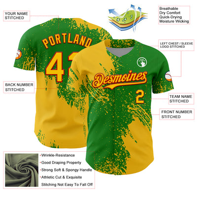 Custom Yellow Grass Green-Red 3D Pattern Design Abstract Brush Stroke Authentic Baseball Jersey