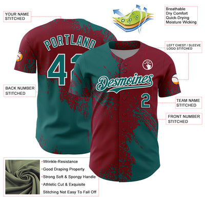 Custom Teal Crimson-White 3D Pattern Design Abstract Brush Stroke Authentic Baseball Jersey