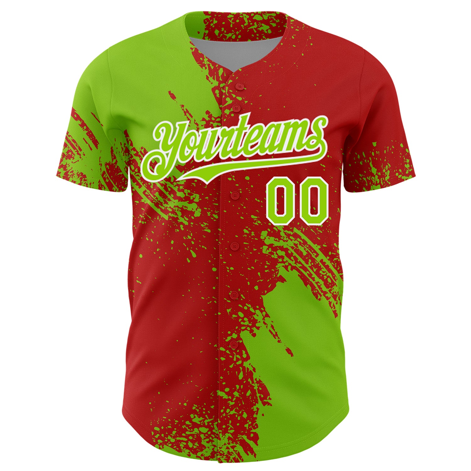 Custom Neon Green Red-White 3D Pattern Design Abstract Brush Stroke Authentic Baseball Jersey
