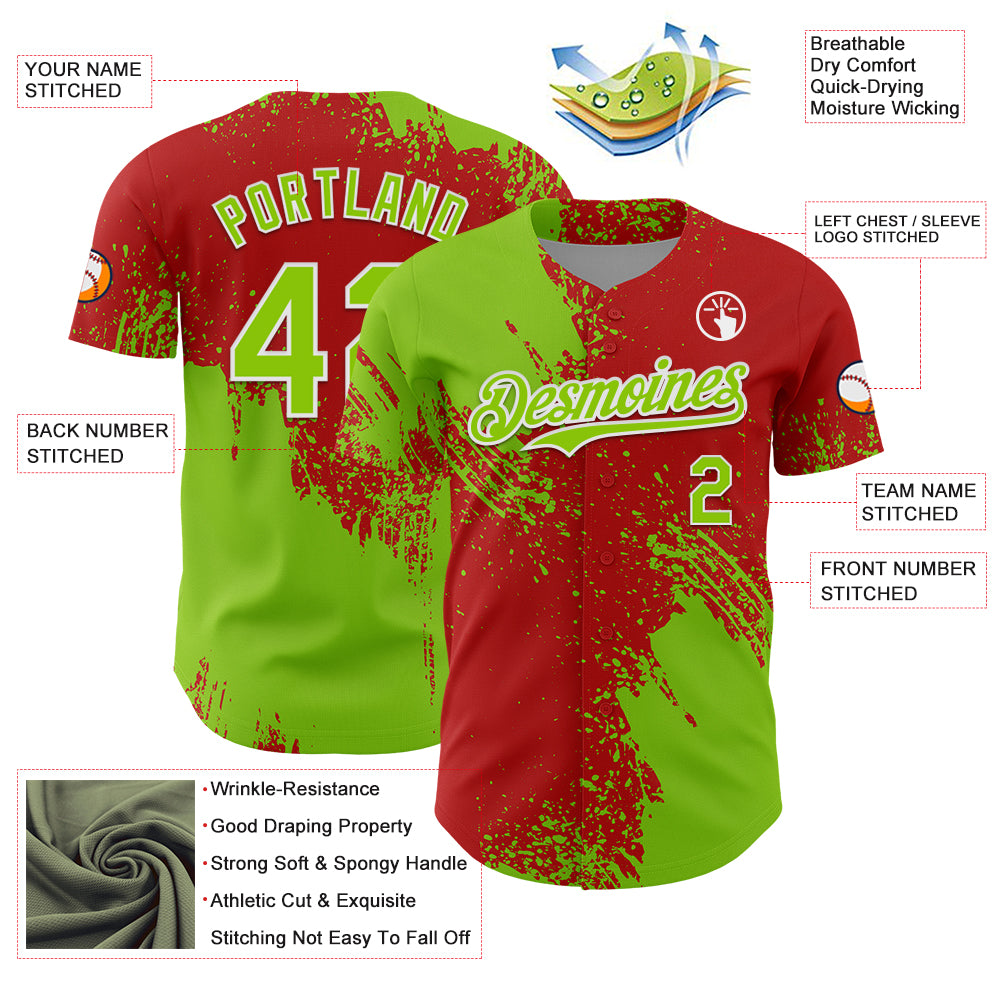 Custom Neon Green Red-White 3D Pattern Design Abstract Brush Stroke Authentic Baseball Jersey