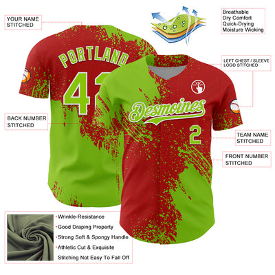 Custom Neon Green Red-White 3D Pattern Design Abstract Brush Stroke Authentic Baseball Jersey