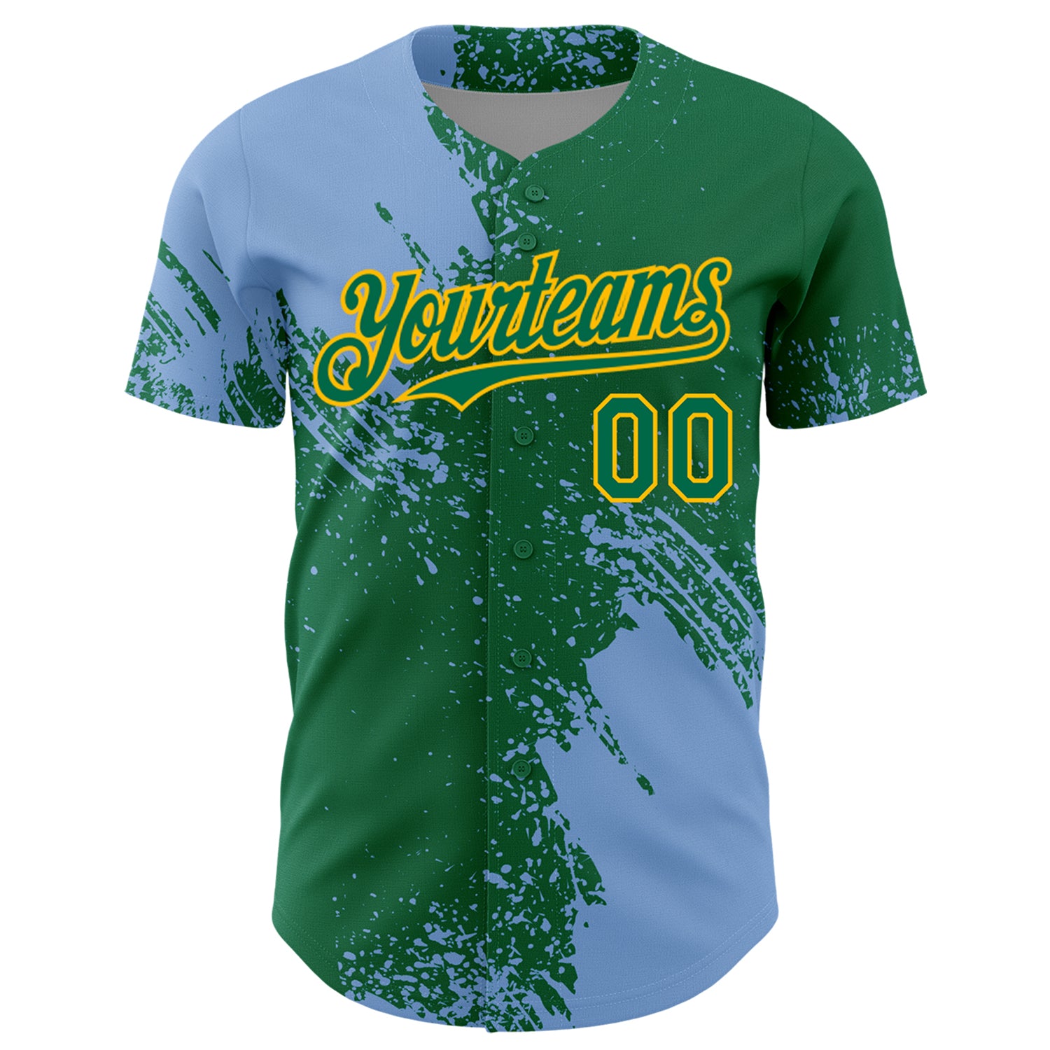 Custom Light Blue Kelly Green-Gold 3D Pattern Design Abstract Brush Stroke Authentic Baseball Jersey