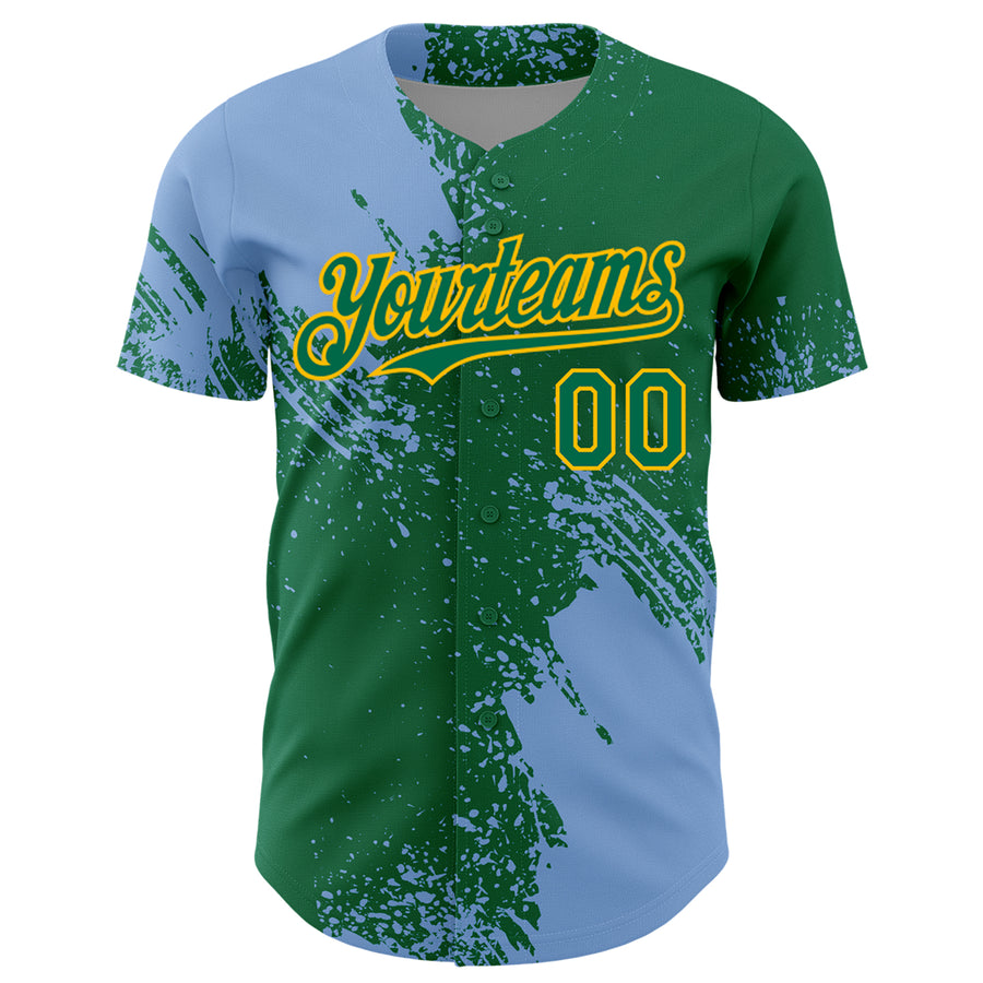 Custom Light Blue Kelly Green-Gold 3D Pattern Design Abstract Brush Stroke Authentic Baseball Jersey