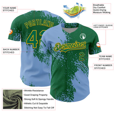 Custom Light Blue Kelly Green-Gold 3D Pattern Design Abstract Brush Stroke Authentic Baseball Jersey
