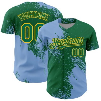 Custom Light Blue Kelly Green-Gold 3D Pattern Design Abstract Brush Stroke Authentic Baseball Jersey