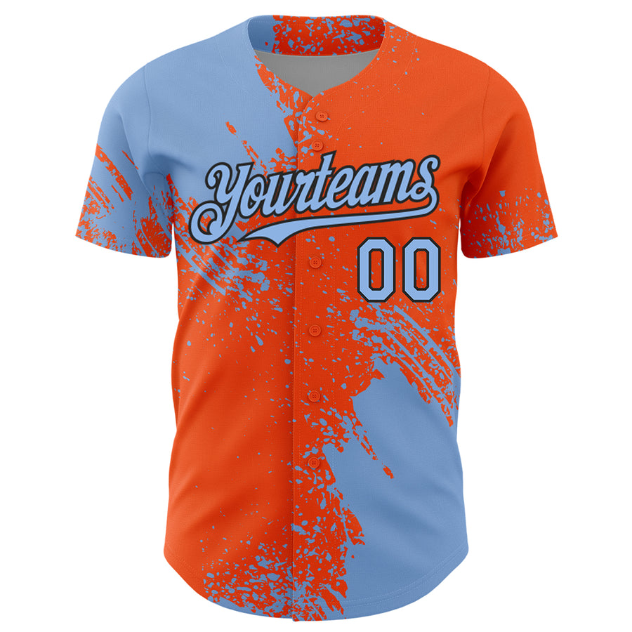 Custom Light Blue Orange-Black 3D Pattern Design Abstract Brush Stroke Authentic Baseball Jersey