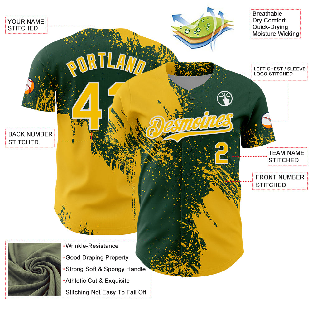 Custom Yellow Green-White 3D Pattern Design Abstract Brush Stroke Authentic Baseball Jersey