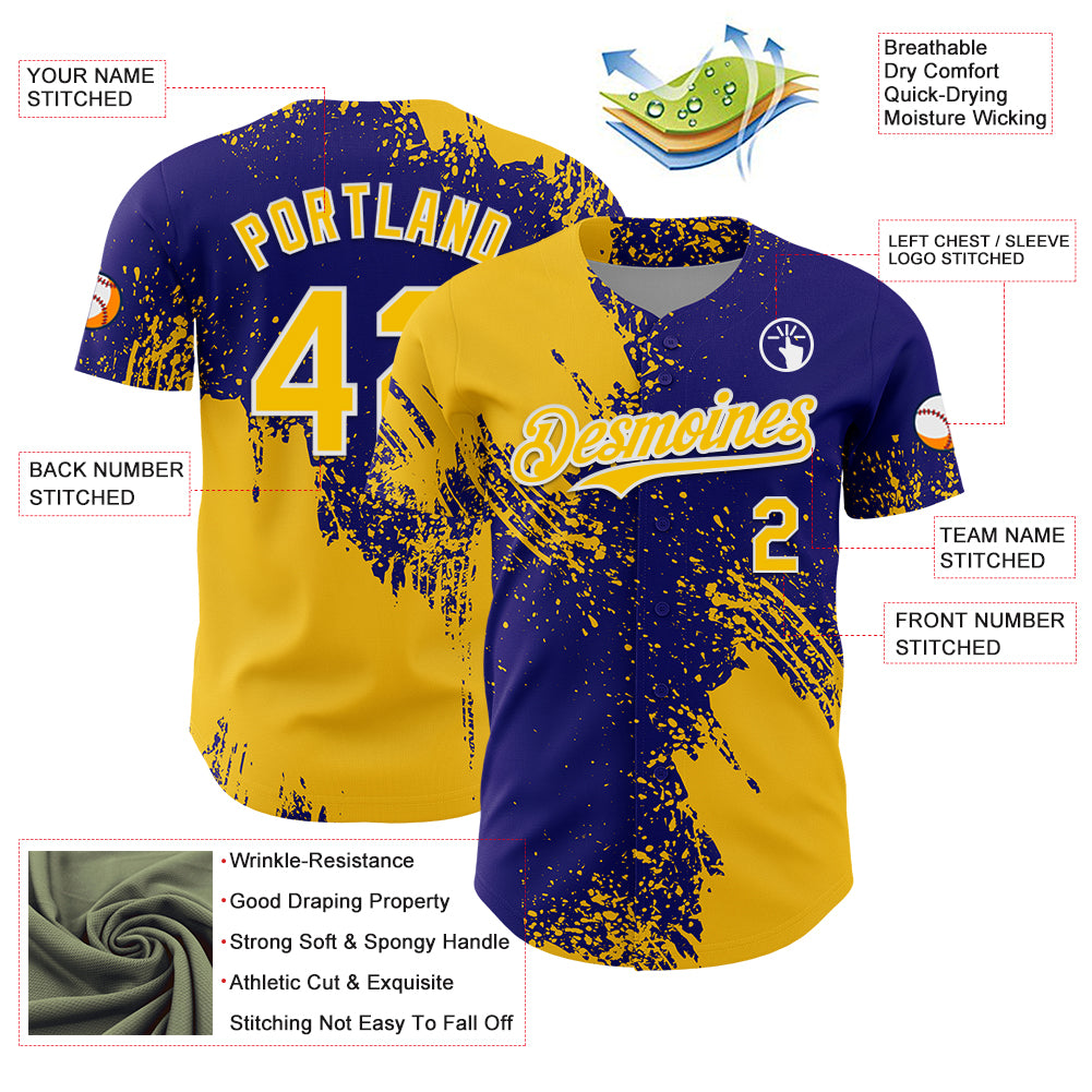 Custom Yellow Dark Purple-White 3D Pattern Design Abstract Brush Stroke Authentic Baseball Jersey