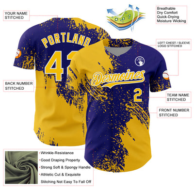 Custom Yellow Dark Purple-White 3D Pattern Design Abstract Brush Stroke Authentic Baseball Jersey