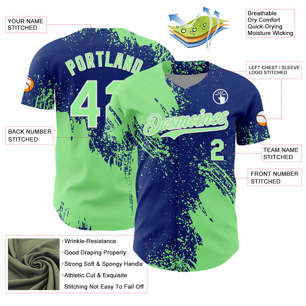 Custom Pea Green Royal-White 3D Pattern Design Abstract Brush Stroke Authentic Baseball Jersey