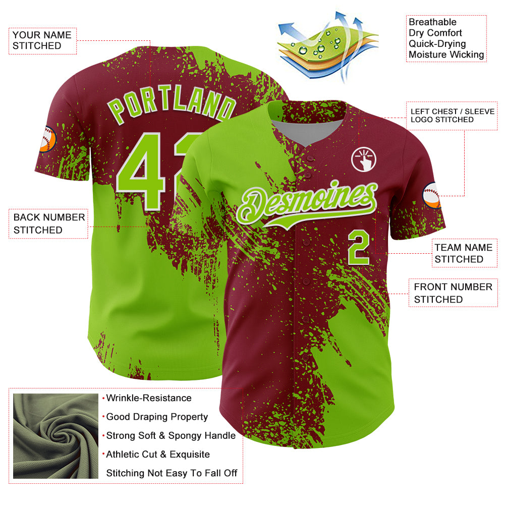 Custom Neon Green Crimson-White 3D Pattern Design Abstract Brush Stroke Authentic Baseball Jersey