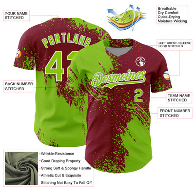 Custom Neon Green Crimson-White 3D Pattern Design Abstract Brush Stroke Authentic Baseball Jersey