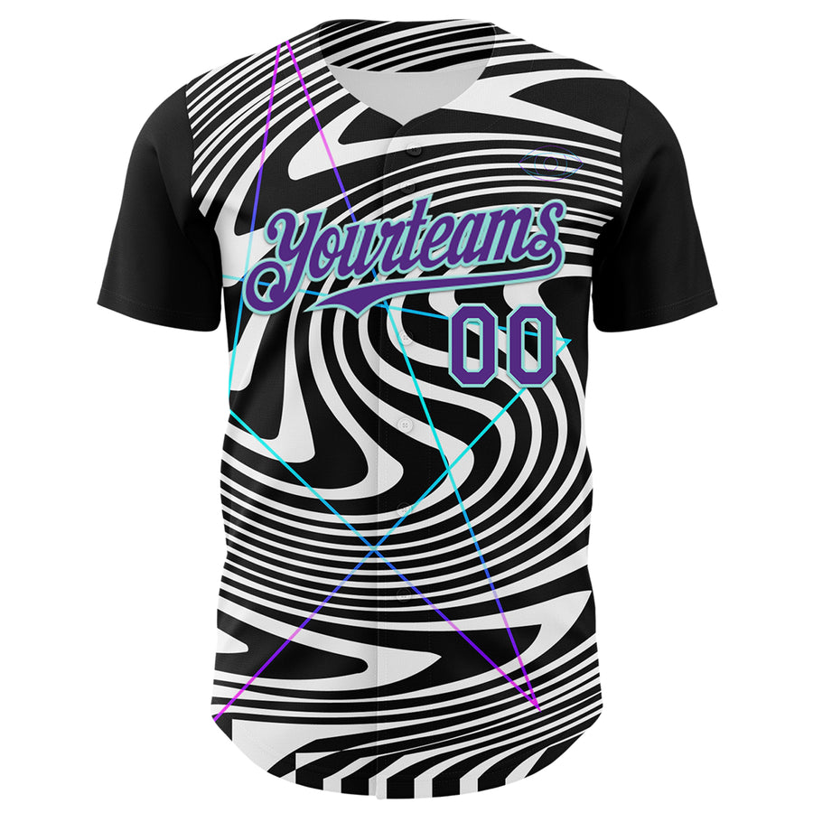 Custom Black Purple-Ice Blue 3D Pattern Design Rave Psychedelic Fluid Art Authentic Baseball Jersey