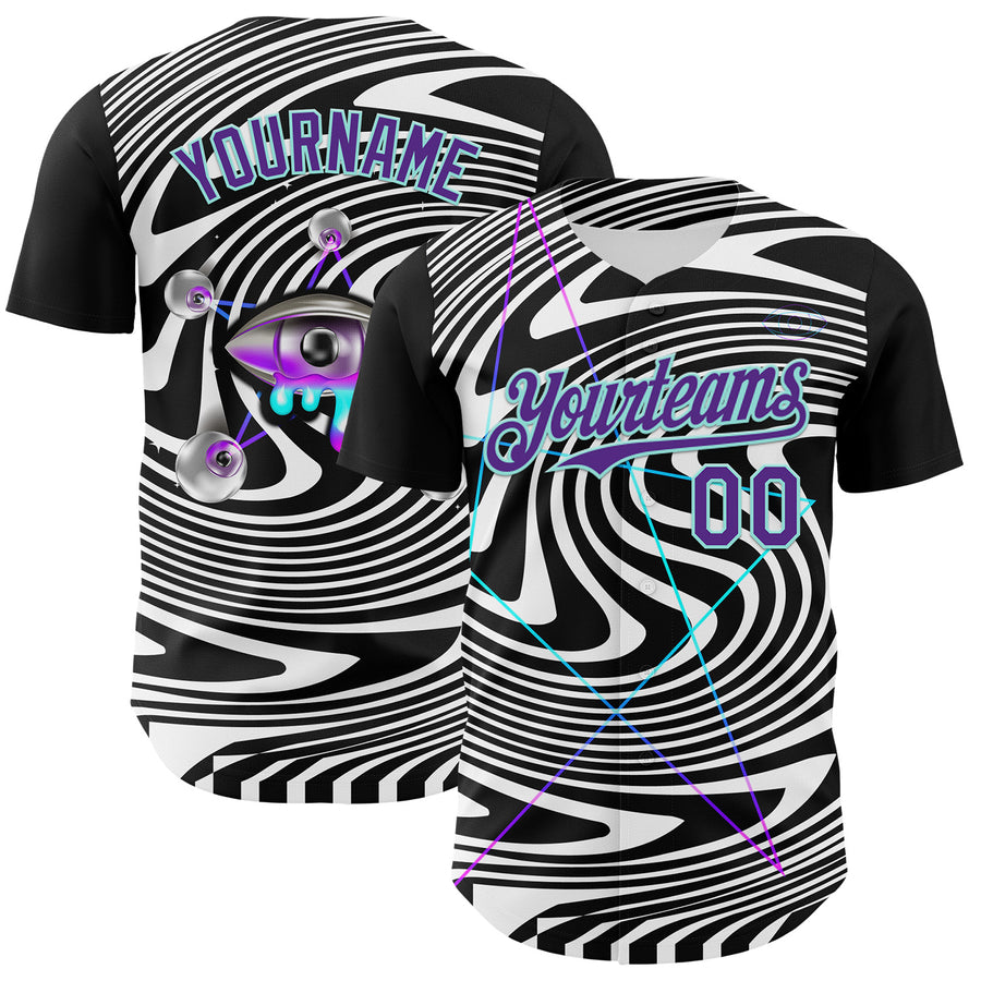 Custom Black Purple-Ice Blue 3D Pattern Design Rave Psychedelic Fluid Art Authentic Baseball Jersey