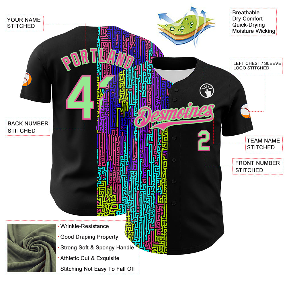 Custom Black Pea Green-Pink 3D Pattern Design Rave Psychedelic Neon Fluid Art Authentic Baseball Jersey