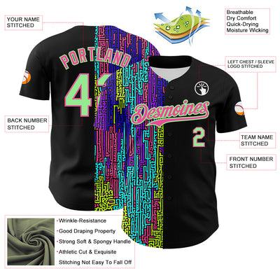 Custom Black Pea Green-Pink 3D Pattern Design Rave Psychedelic Neon Fluid Art Authentic Baseball Jersey