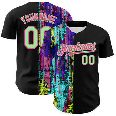 Custom Black Pea Green-Pink 3D Pattern Design Rave Psychedelic Neon Fluid Art Authentic Baseball Jersey