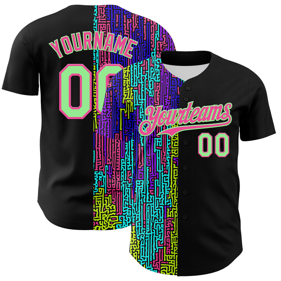 Custom Black Pea Green-Pink 3D Pattern Design Rave Psychedelic Neon Fluid Art Authentic Baseball Jersey